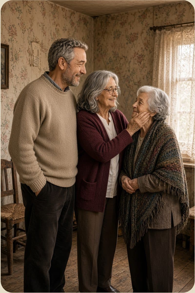 Tres personas mayores sonriendo en casa
