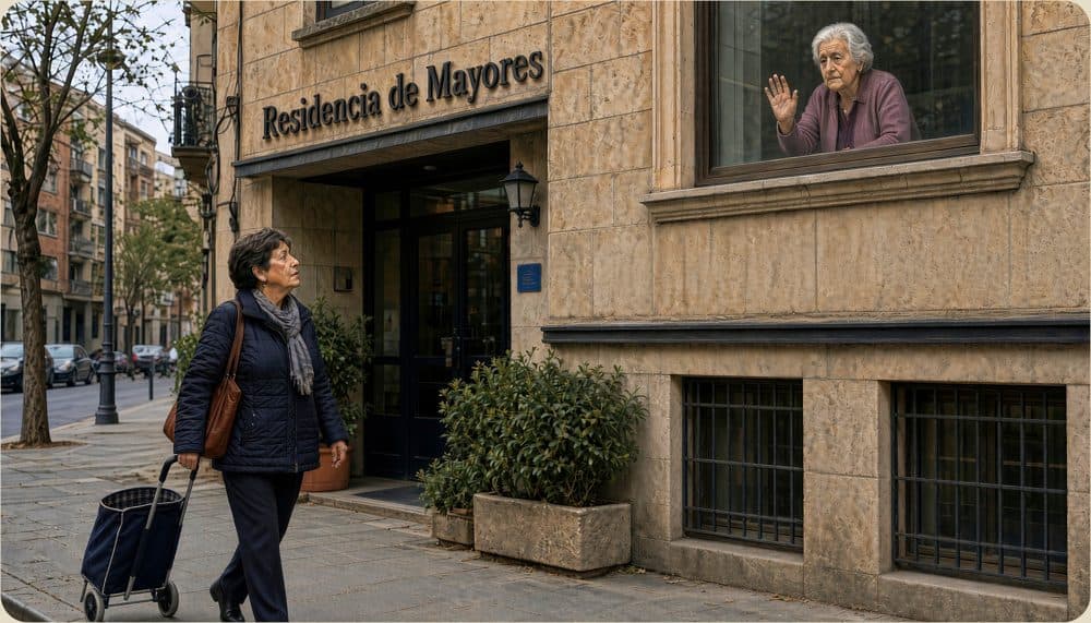 Una persona mayor sale de una residencia con su maleta