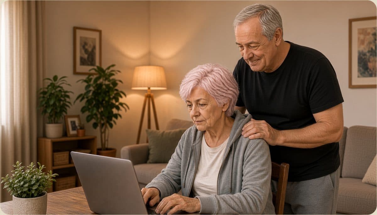 Pareja de personas mayores usando un ordenador portátil
